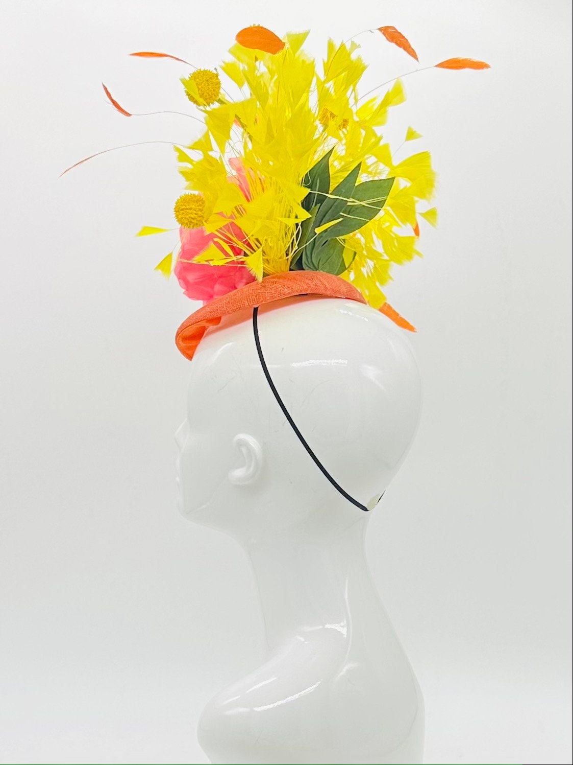 Yellow, orange and pink Kentucky Derby Fascinator, Derby hat (GOLD LINE)
