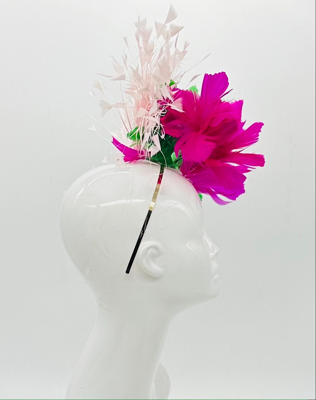 Hot pink, light pink and green Kentucky Derby Fascinator (GOLD LINE)