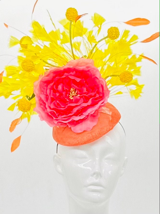 Yellow, orange and pink Kentucky Derby Fascinator, Derby hat (GOLD LINE)