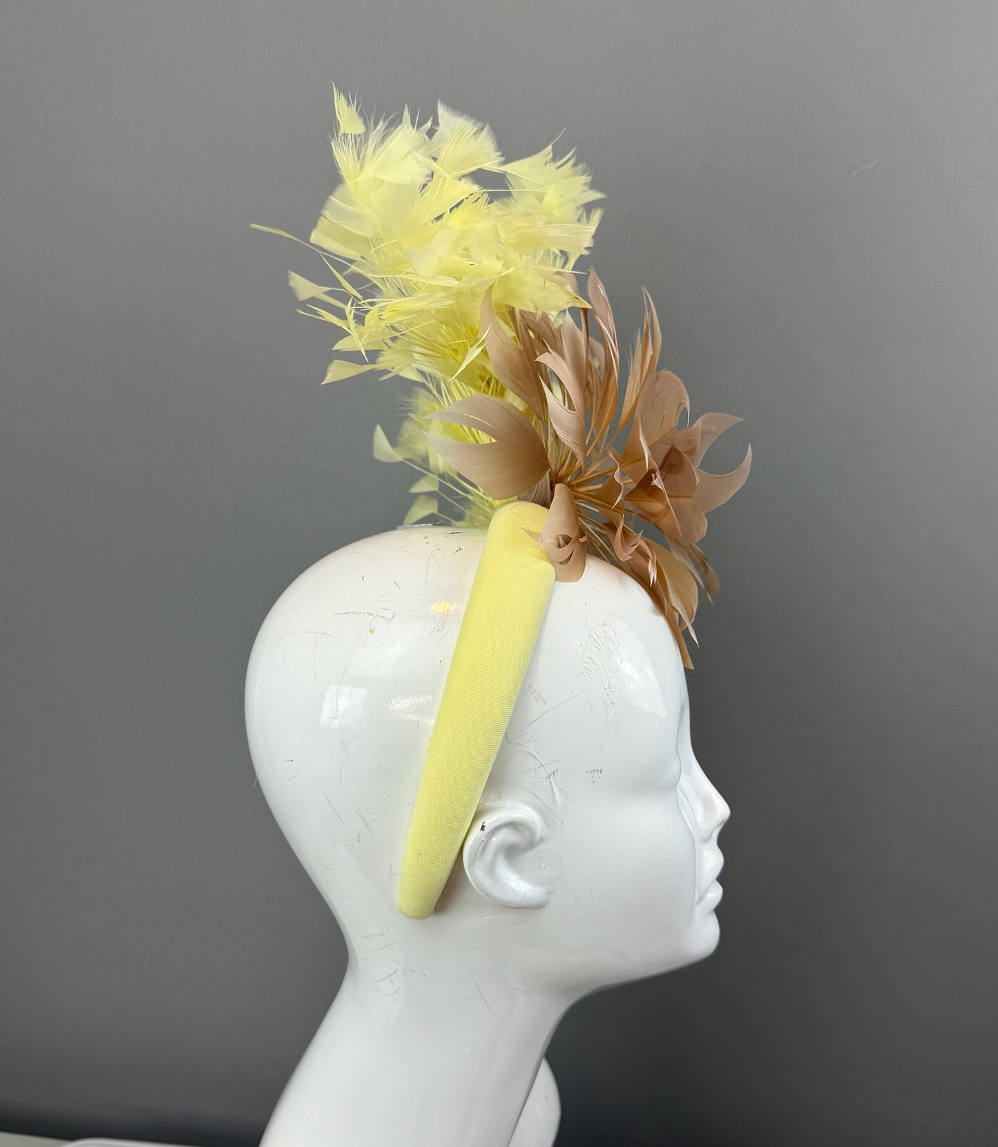 Taupe and Yellow Kentucky Derby fascinator, Derby Hat Alternative (GOLD LINE)