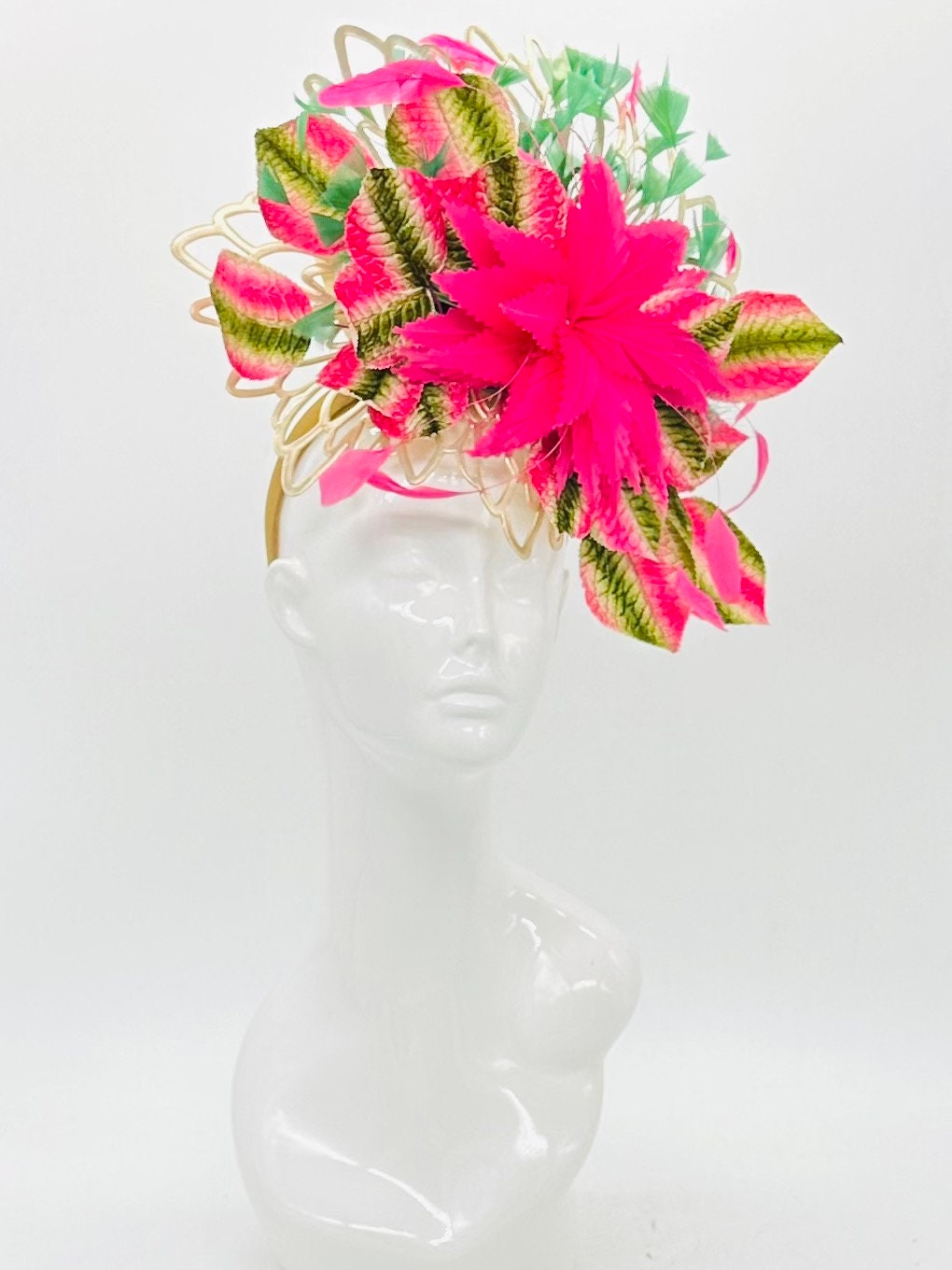 Pink and green exotic, floral head fascinator with gold inclusion (GOLD LINE)