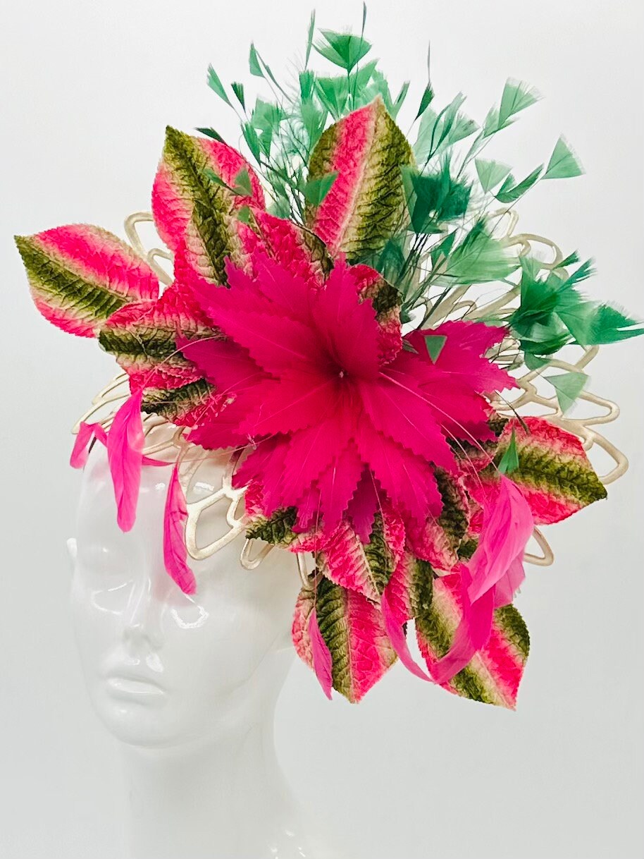 Pink and green exotic, floral head fascinator with gold inclusion (GOLD LINE)