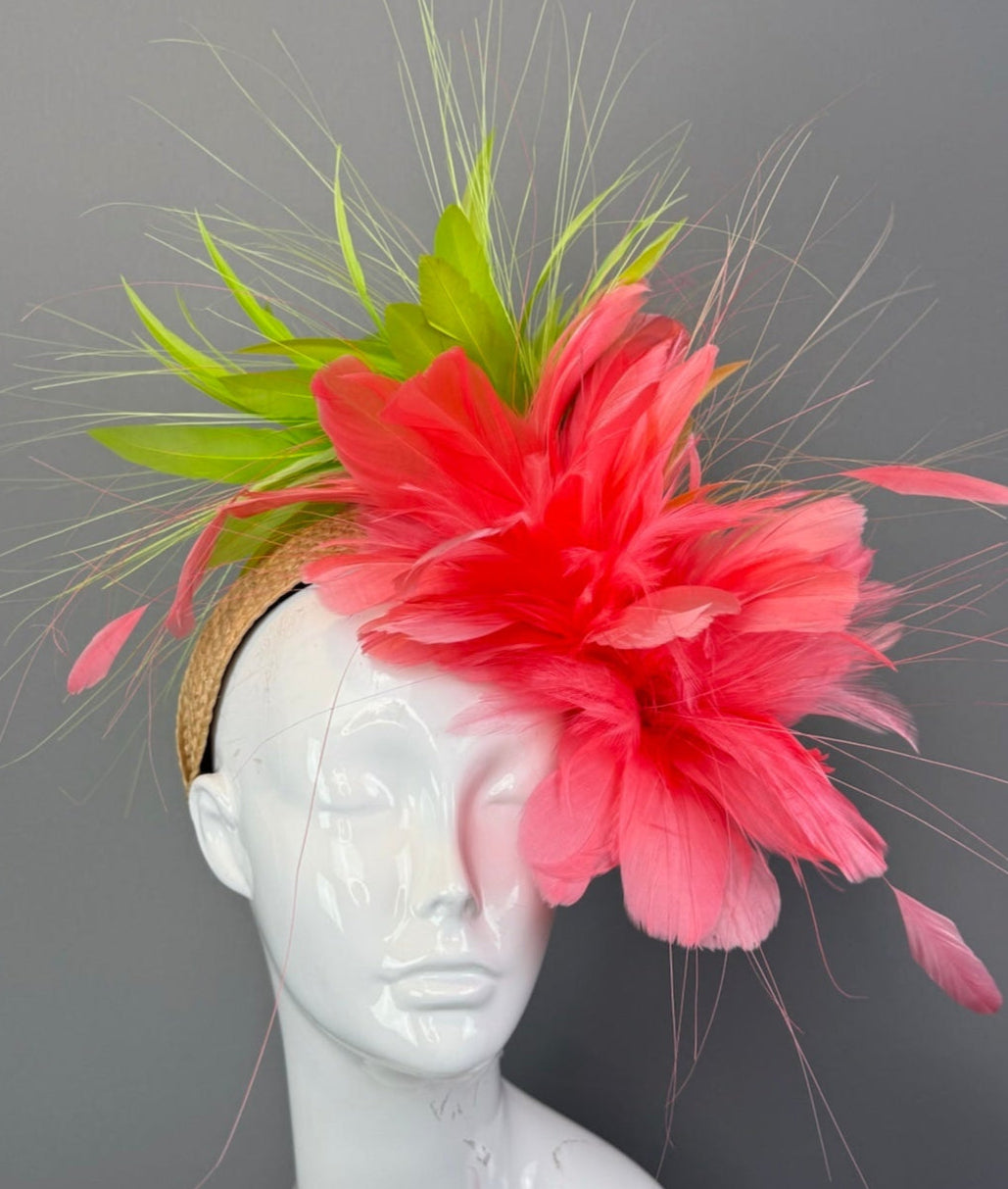 Pink, Orange and Green Kentucky Derby fascinator, Derby Hat Alternative (GOLD LINE)