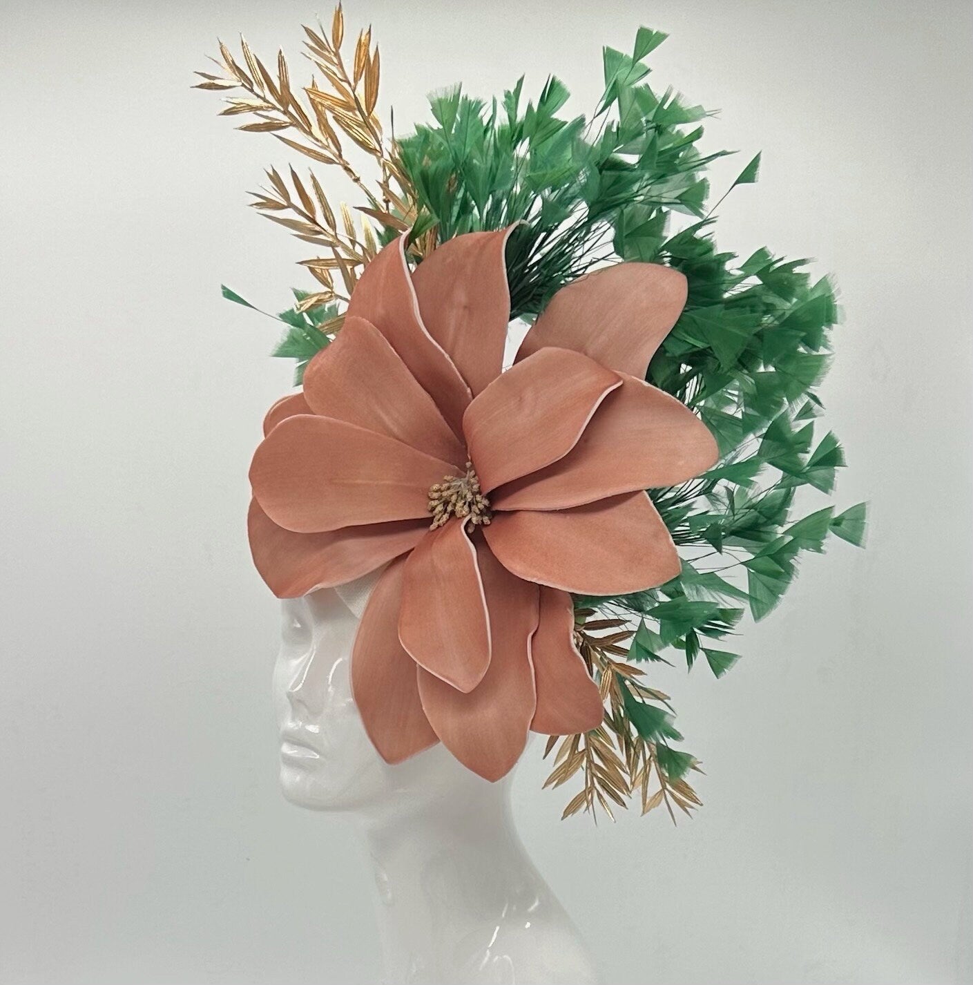 Terracotta Orange and Lush Green Fascinator, Kentucky Derby Hat Alternative, Kentucky derby hat, (GOLD LINE)