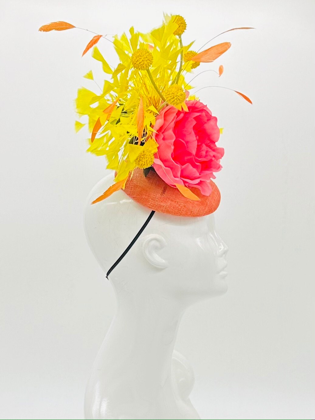 Yellow, orange and pink Kentucky Derby Fascinator, Derby hat (GOLD LINE)