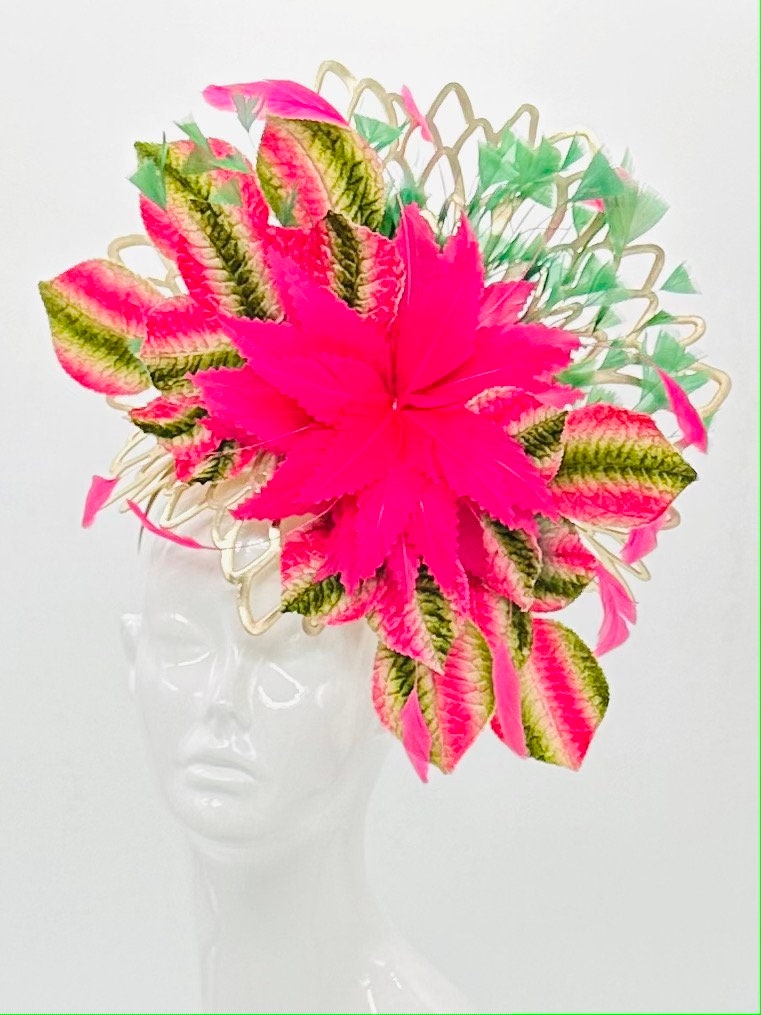 Pink and green exotic, floral head fascinator with gold inclusion (GOLD LINE)