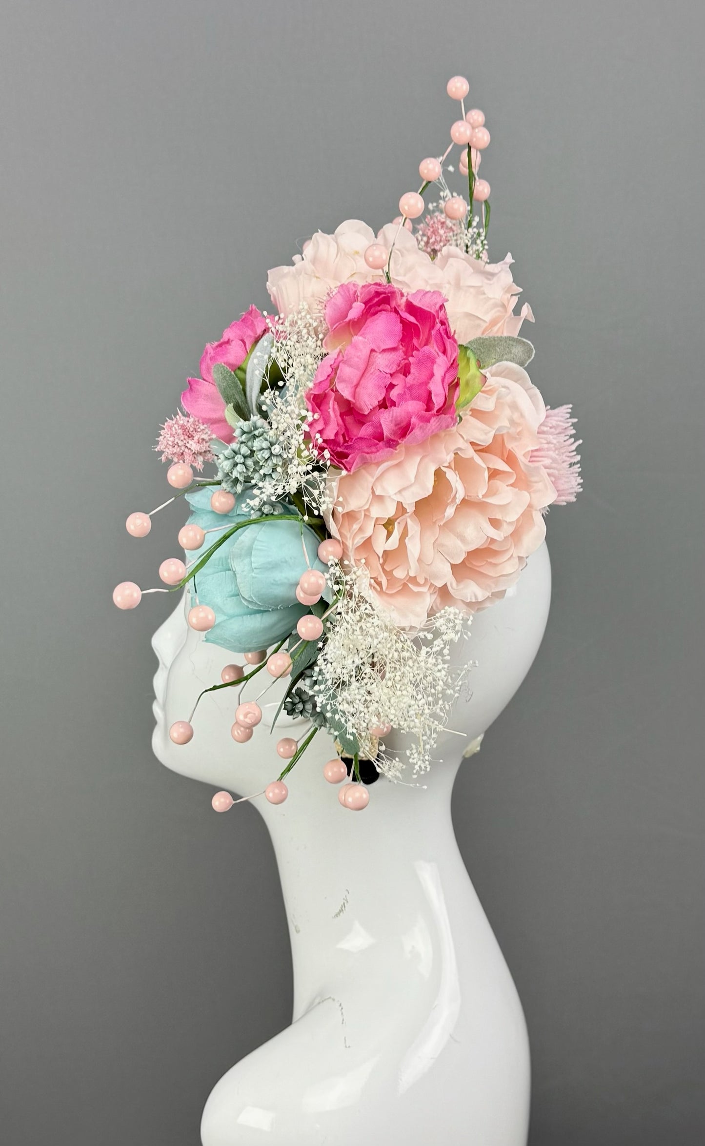Aqua and Pink floral Kentucky Derby fascinator, Derby Hat Alternative (PLATINUM LINE)