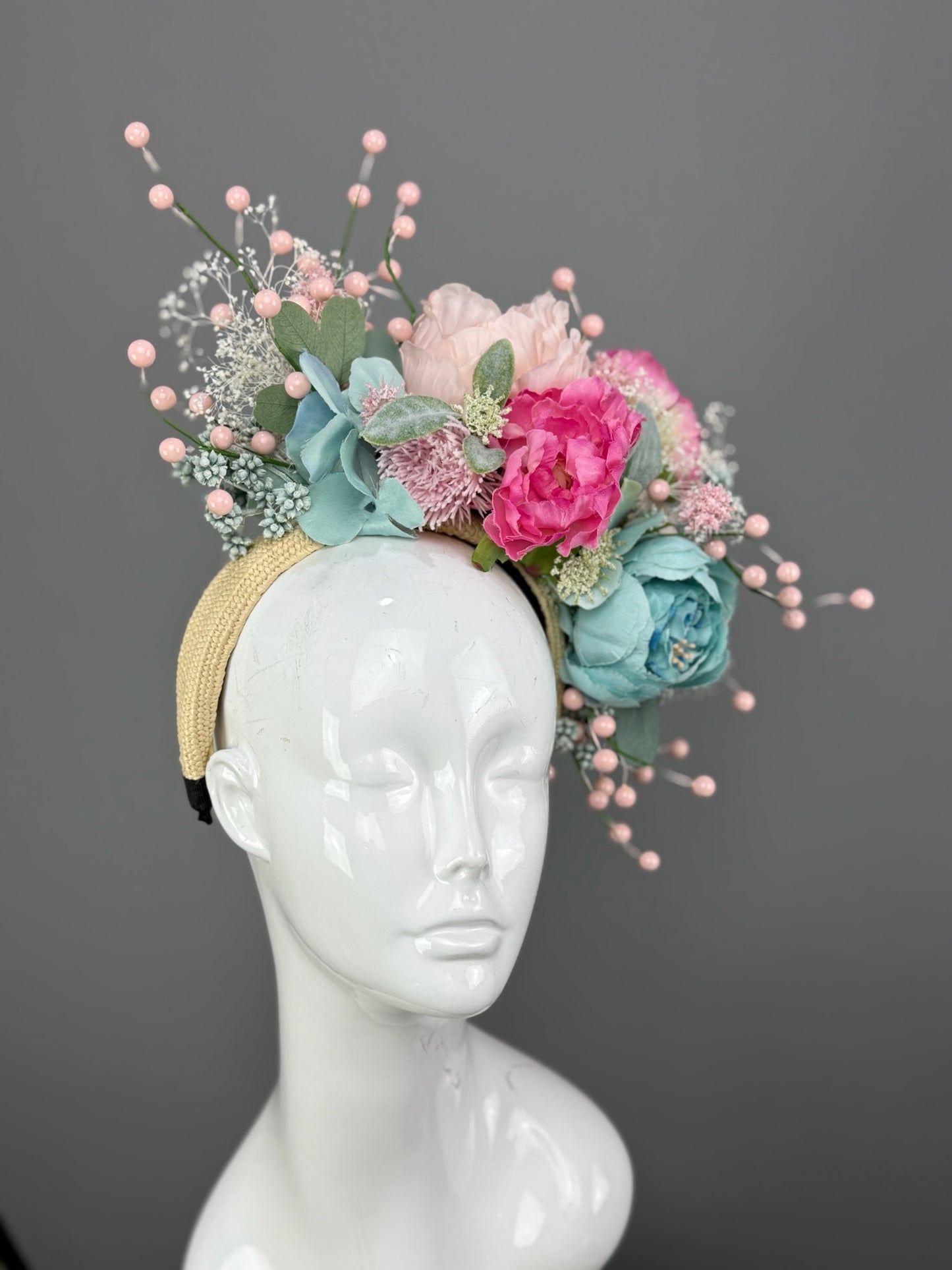 Aqua and Pink floral Kentucky Derby fascinator, Derby Hat Alternative (PLATINUM LINE)