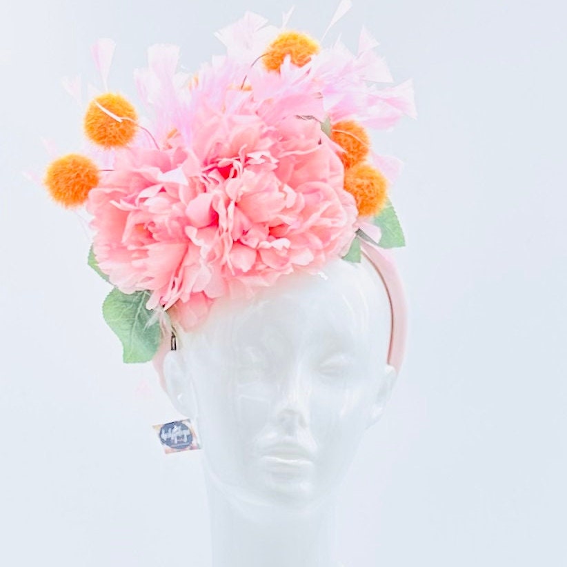 Pink and orange Kentucky Derby Fascinator, Oaks, Thurby, headpiece, derby hat Kentucky Derby Hat Alternative, Floral Fascinator (GOLD LINE)