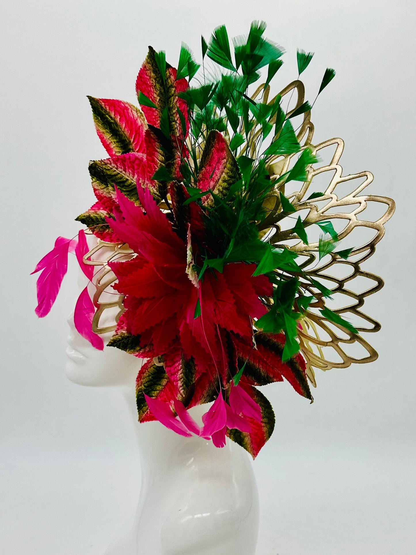 Pink and green exotic, floral head fascinator with gold inclusion (GOLD LINE)