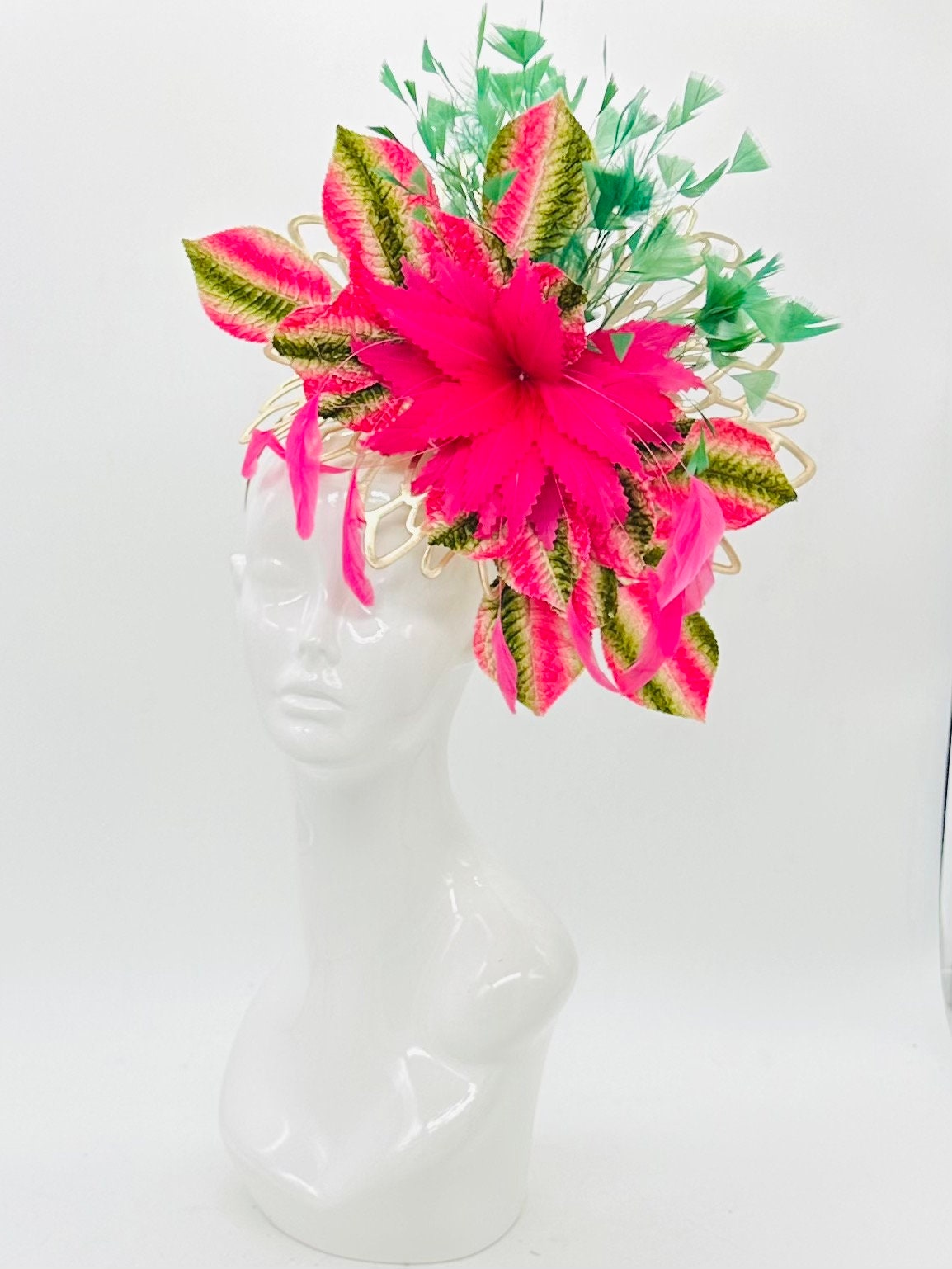 Pink and green exotic, floral head fascinator with gold inclusion (GOLD LINE)