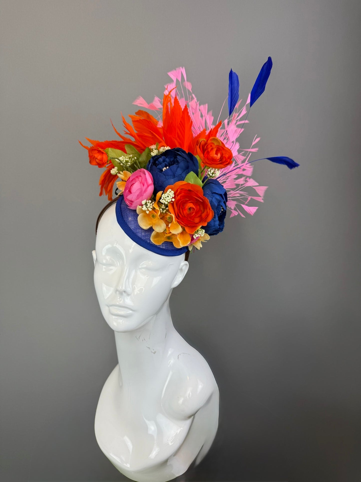 Blue, Orange and Multicolored Kentucky Derby fascinator, Derby Hat Alternative (GOLD LINE)