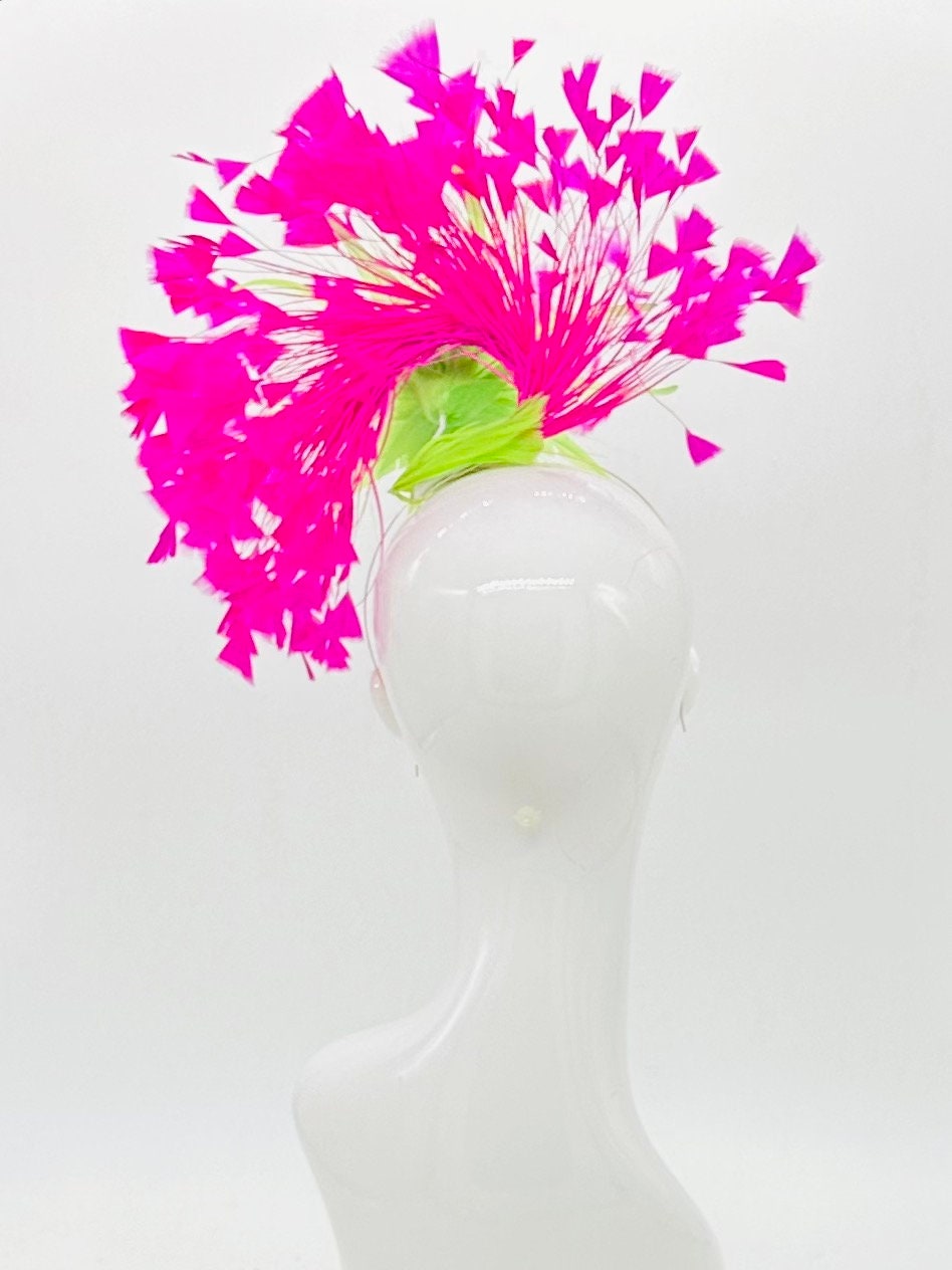 Hot pink and lime green Kentucky Derby Fascinator, (GOLD LINE)