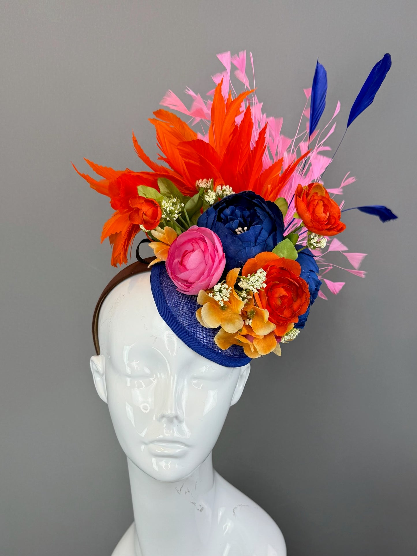 Blue, Orange and Multicolored Kentucky Derby fascinator, Derby Hat Alternative (GOLD LINE)