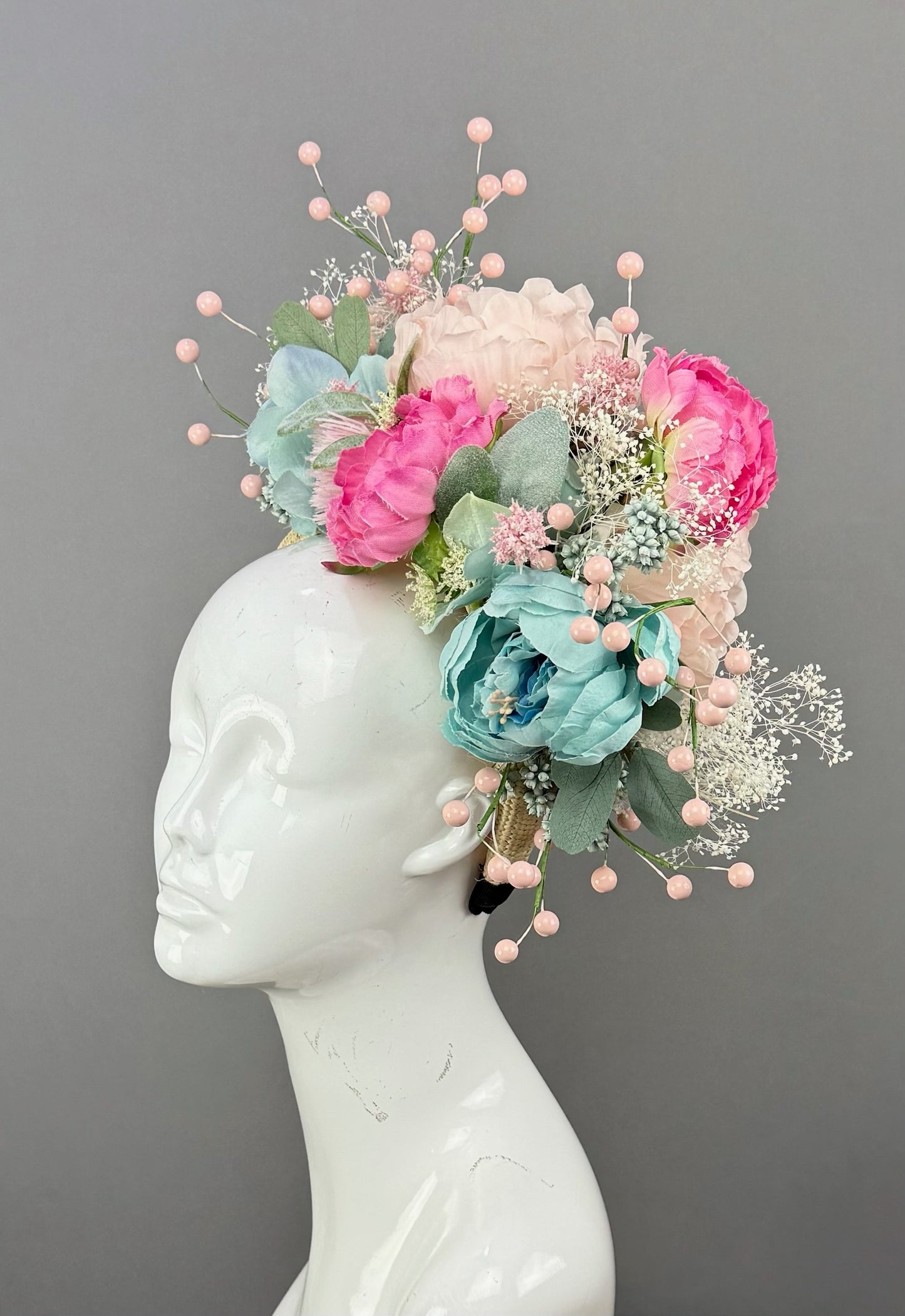 Aqua and Pink floral Kentucky Derby fascinator, Derby Hat Alternative (PLATINUM LINE)