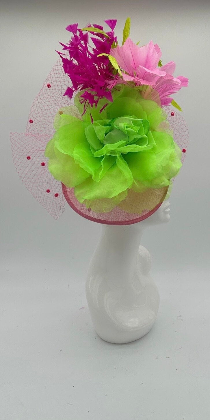 Lime Green and Pink Derby Fascinator, Kentucky Derby Hat Alternative, Kentucky derby hat (GOLD LINE)
