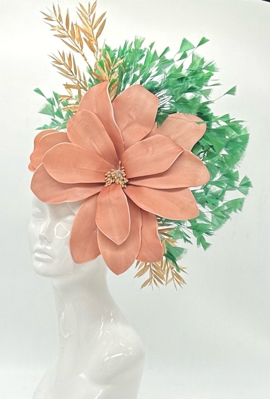 Terracotta Orange and Lush Green Fascinator, Kentucky Derby Hat Alternative, Kentucky derby hat, (GOLD LINE)
