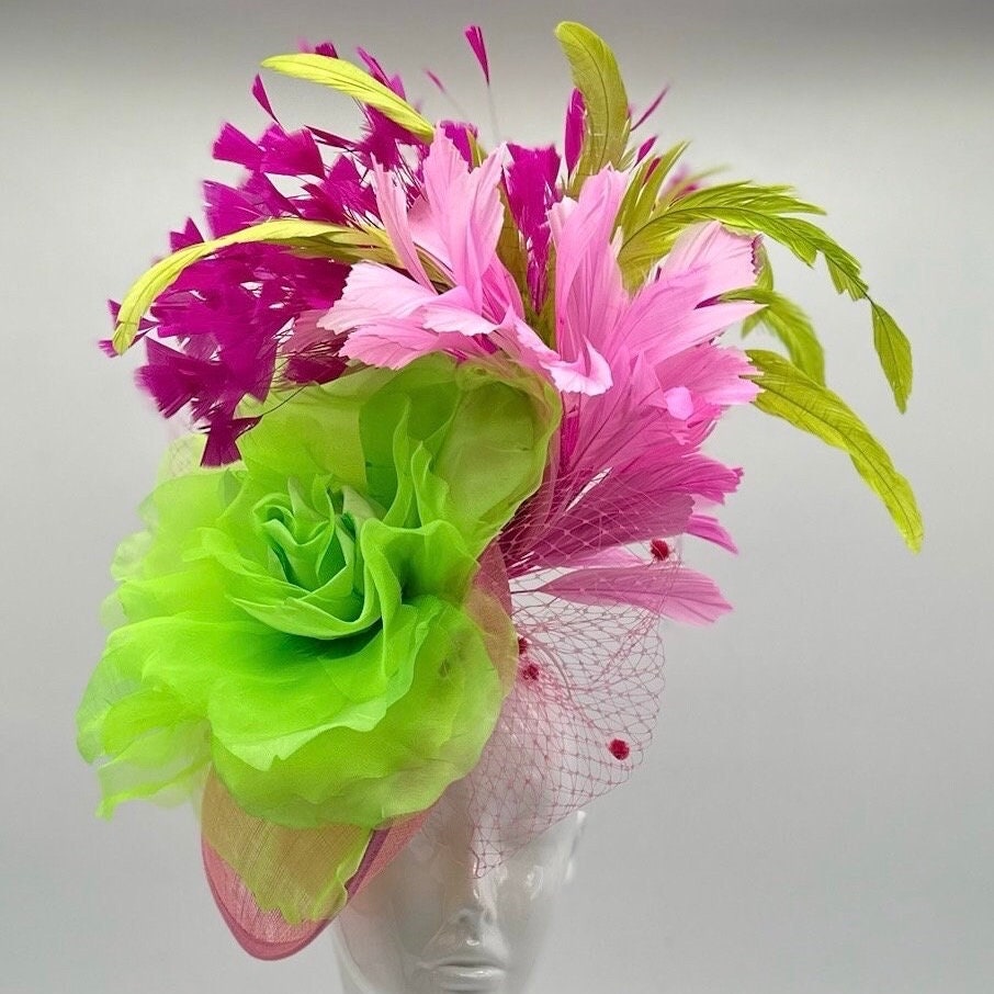 Lime Green and Pink Derby Fascinator, Kentucky Derby Hat Alternative, Kentucky derby hat (GOLD LINE)