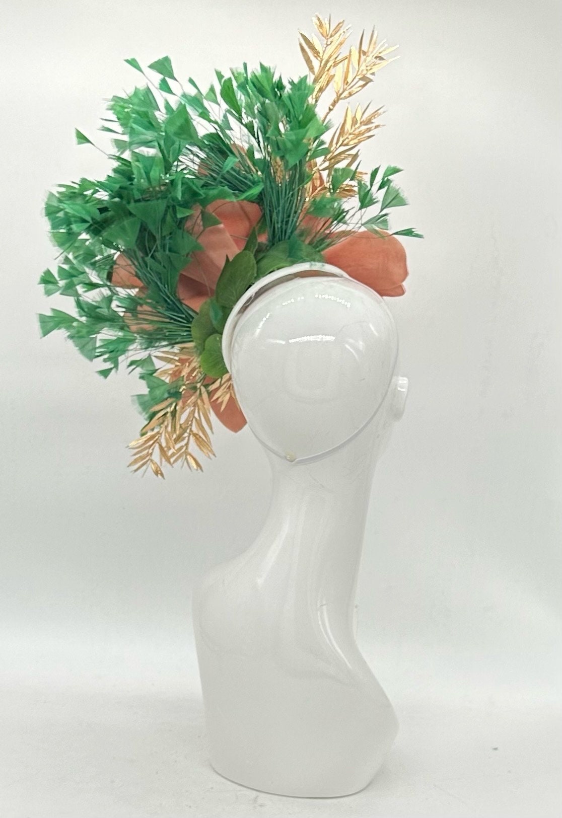 Terracotta Orange and Lush Green Fascinator, Kentucky Derby Hat Alternative, Kentucky derby hat, (GOLD LINE)