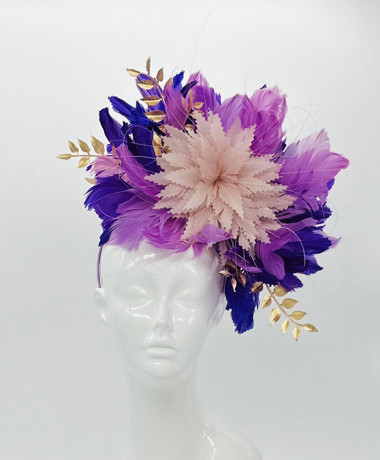 Monochromatic purple and gold Kentucky Derby Fascinator, Derby hat, (PLATINUM LINE)
