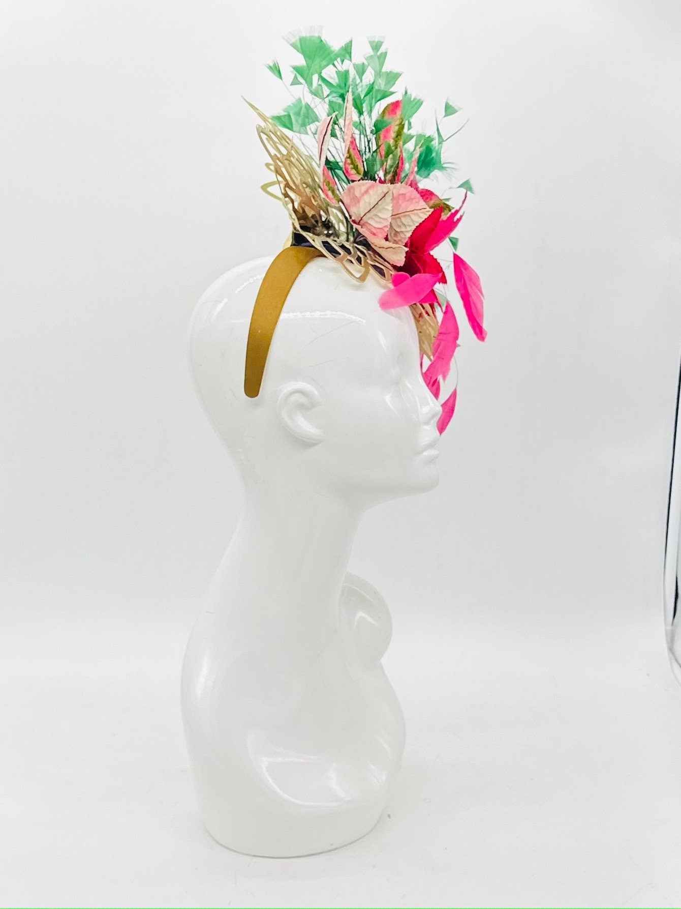 Pink and green exotic, floral head fascinator with gold inclusion (GOLD LINE)