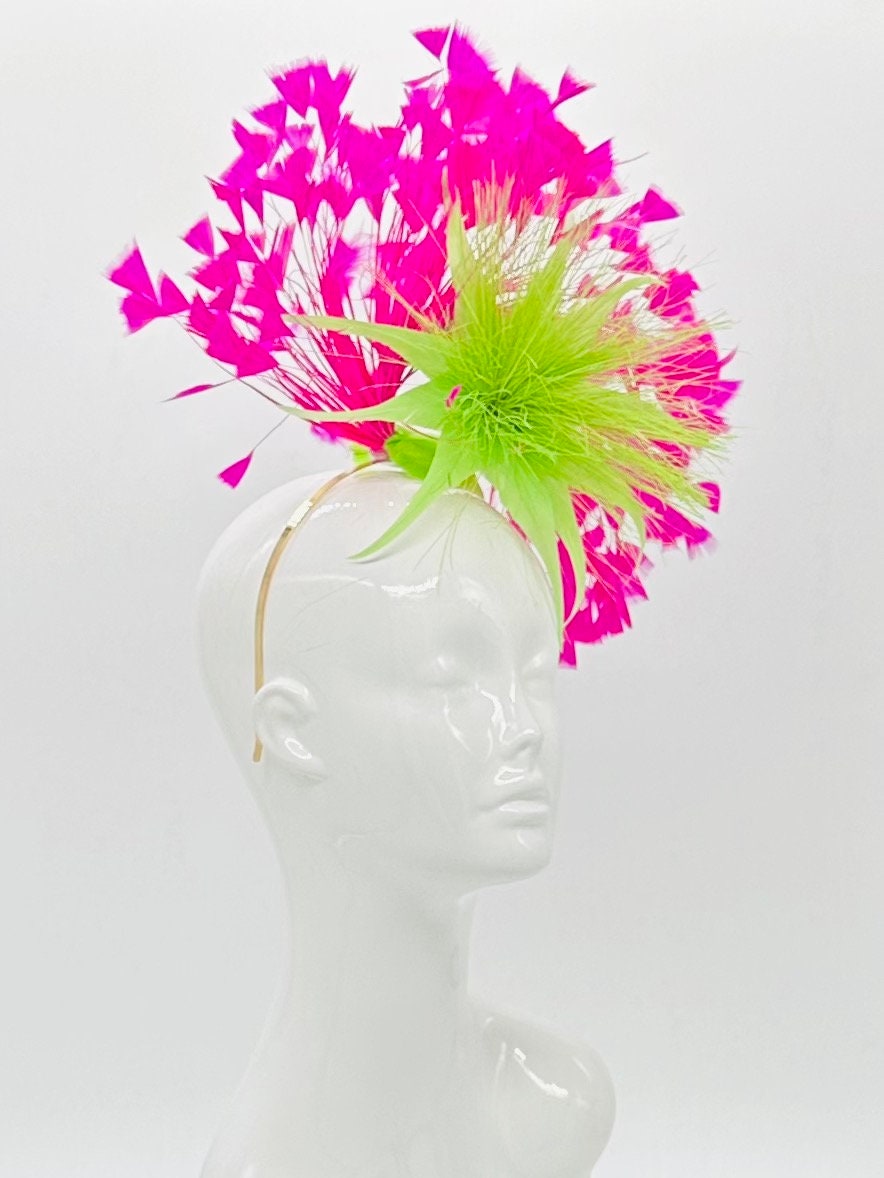 Hot pink and lime green Kentucky Derby Fascinator, (GOLD LINE)