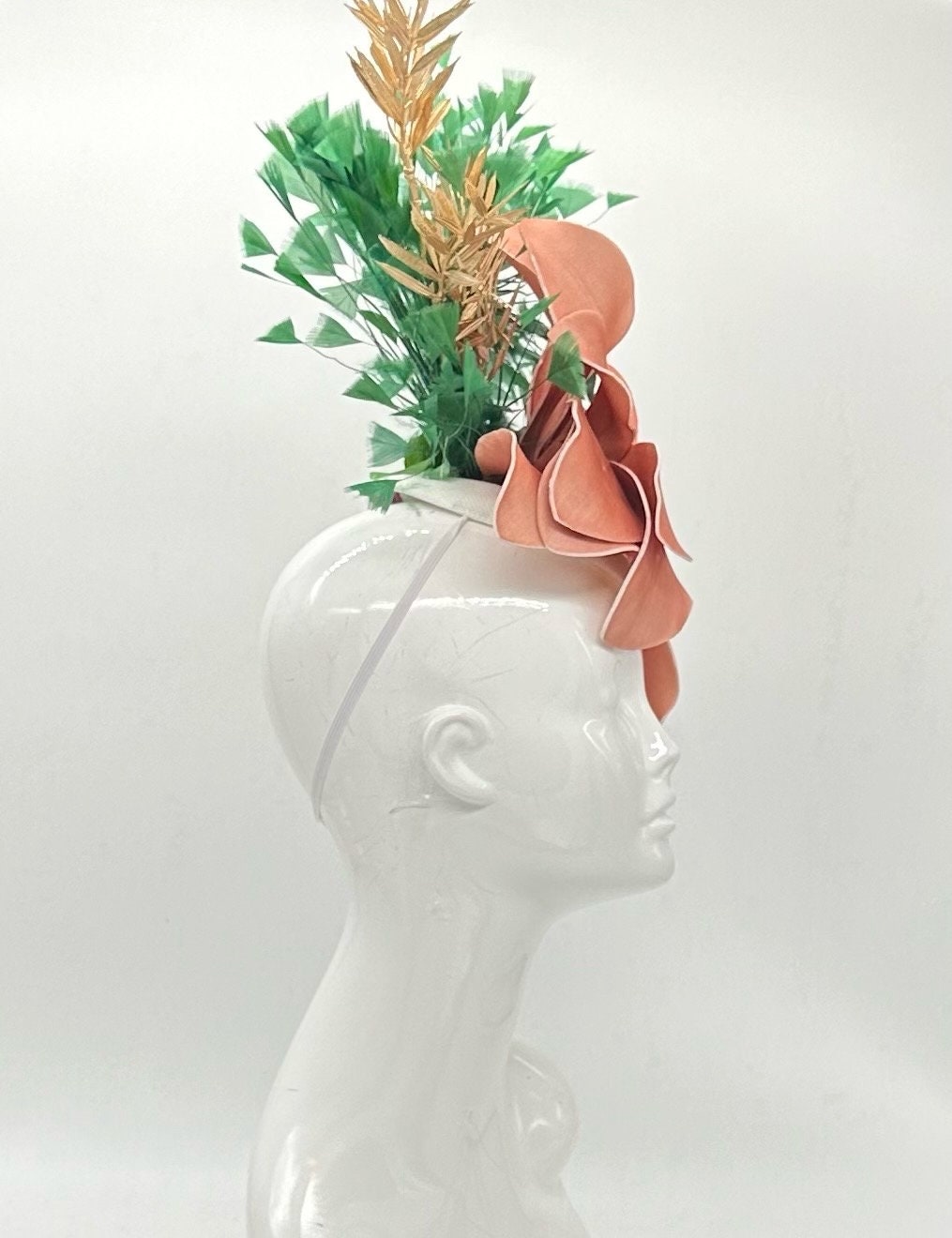 Terracotta Orange and Lush Green Fascinator, Kentucky Derby Hat Alternative, Kentucky derby hat, (GOLD LINE)