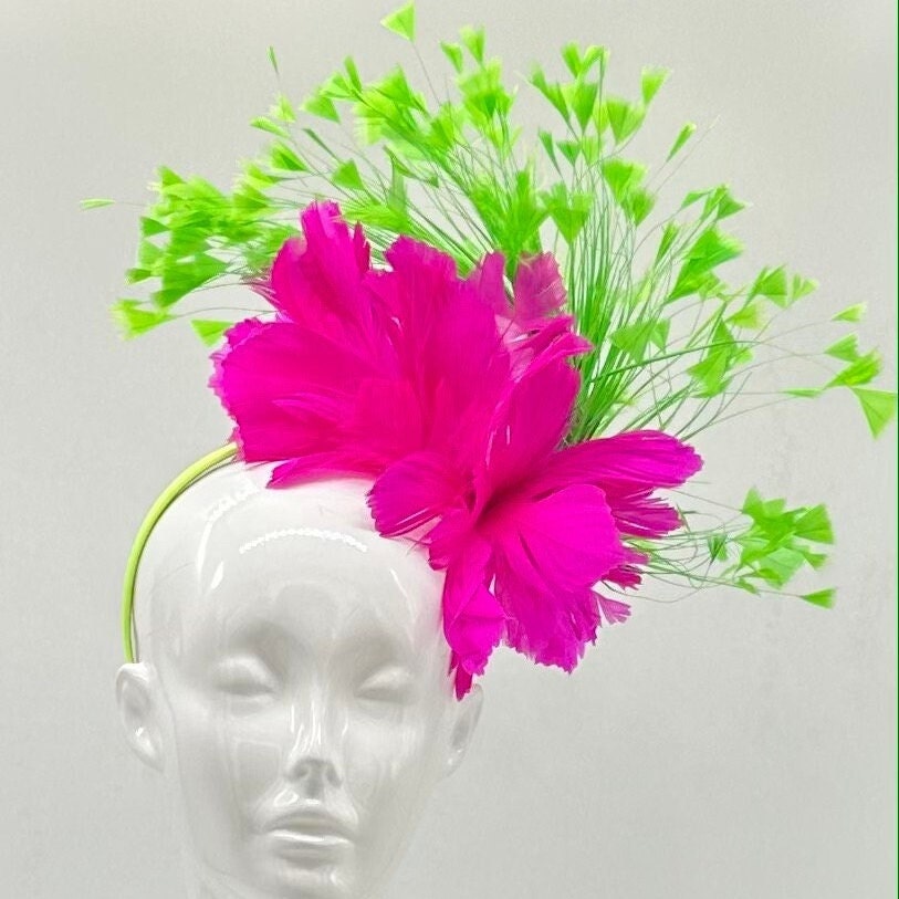 Hot pink and lime green Kentucky Derby Fascinator, derby hat Kentucky Derby Hat Alternative, Floral Fascinator (GOLD LINE)