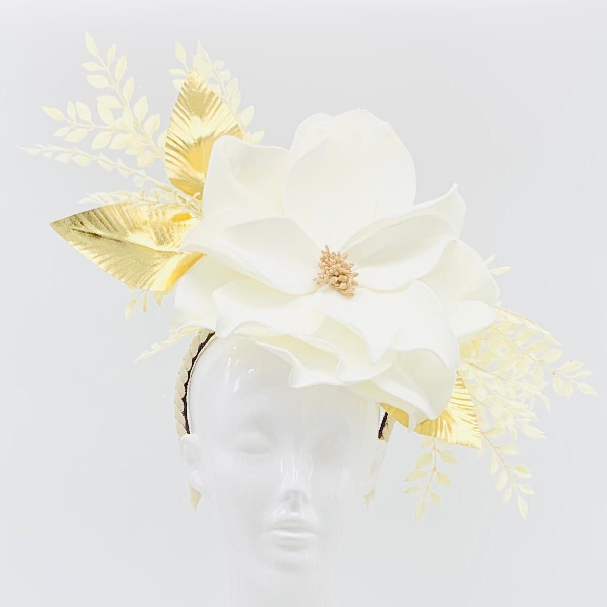 Oversized white flower, gold and white fern Kentucky Derby Floral Feather Fascinator, Derby Hat Alternative, (GOLD LINE)