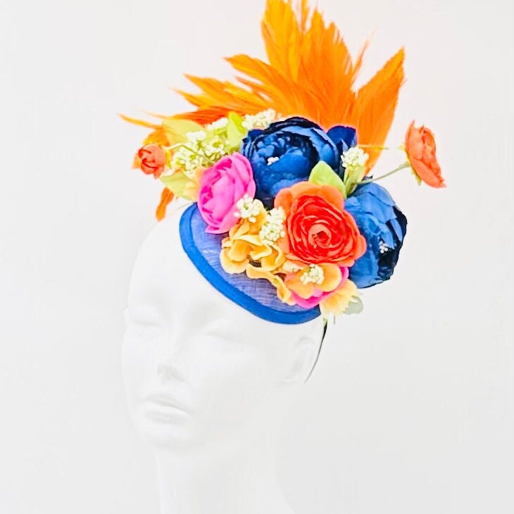 Orange, pink and blue Derby Fascinator, Kentucky Derby Hat Alternative, Kentucky derby hat, (GOLD LINE)