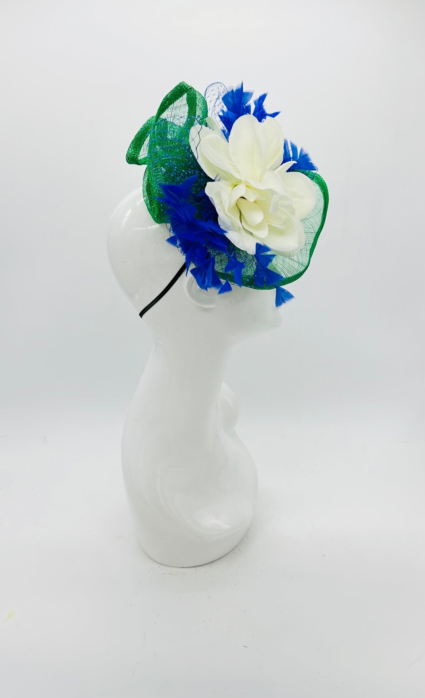 White, green, and blue Derby Fascinator, Kentucky Derby Hat Alternative, Kentucky derby hat (GOLD LINE)