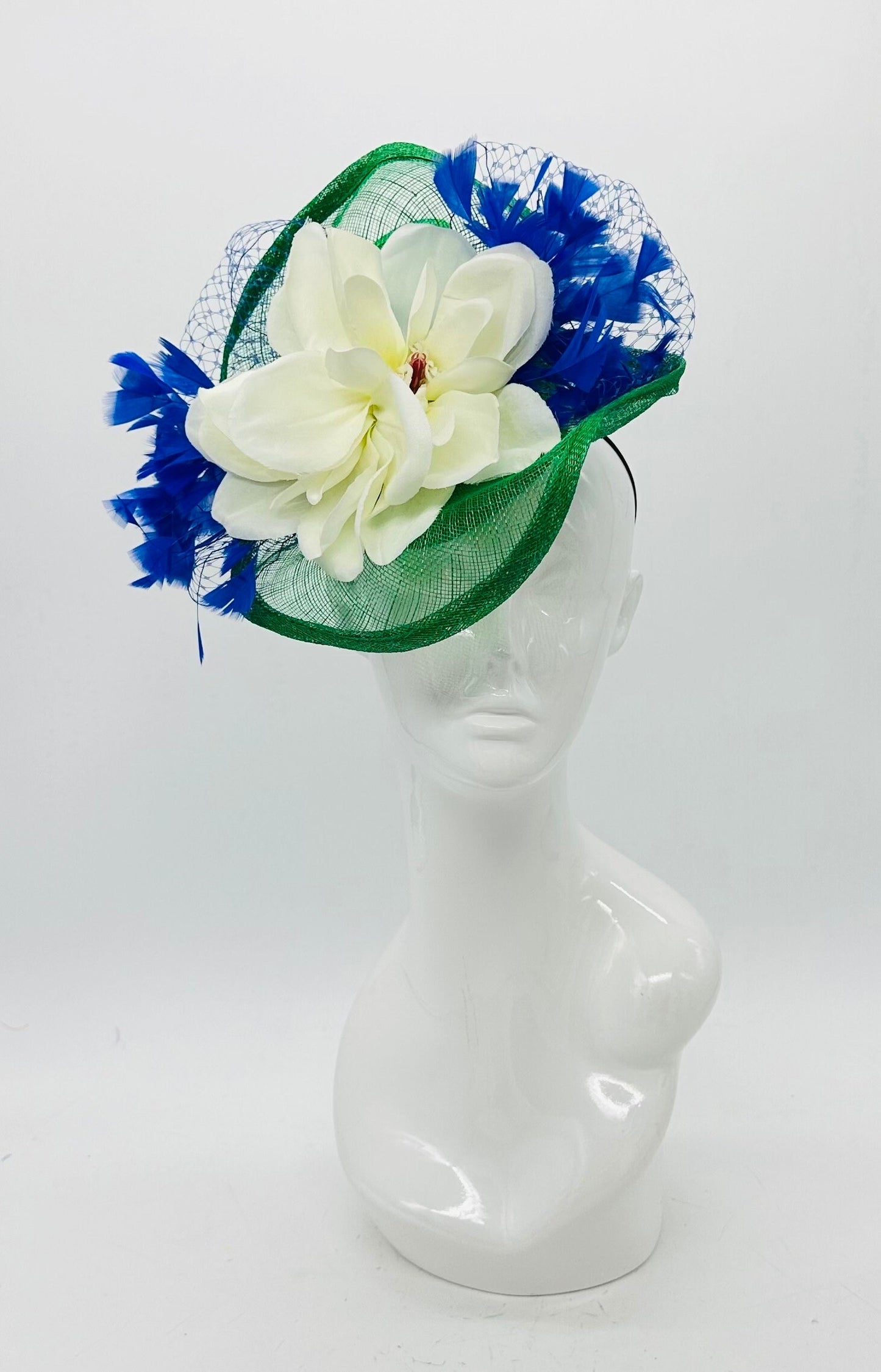 White, green, and blue Derby Fascinator, Kentucky Derby Hat Alternative, Kentucky derby hat (GOLD LINE)