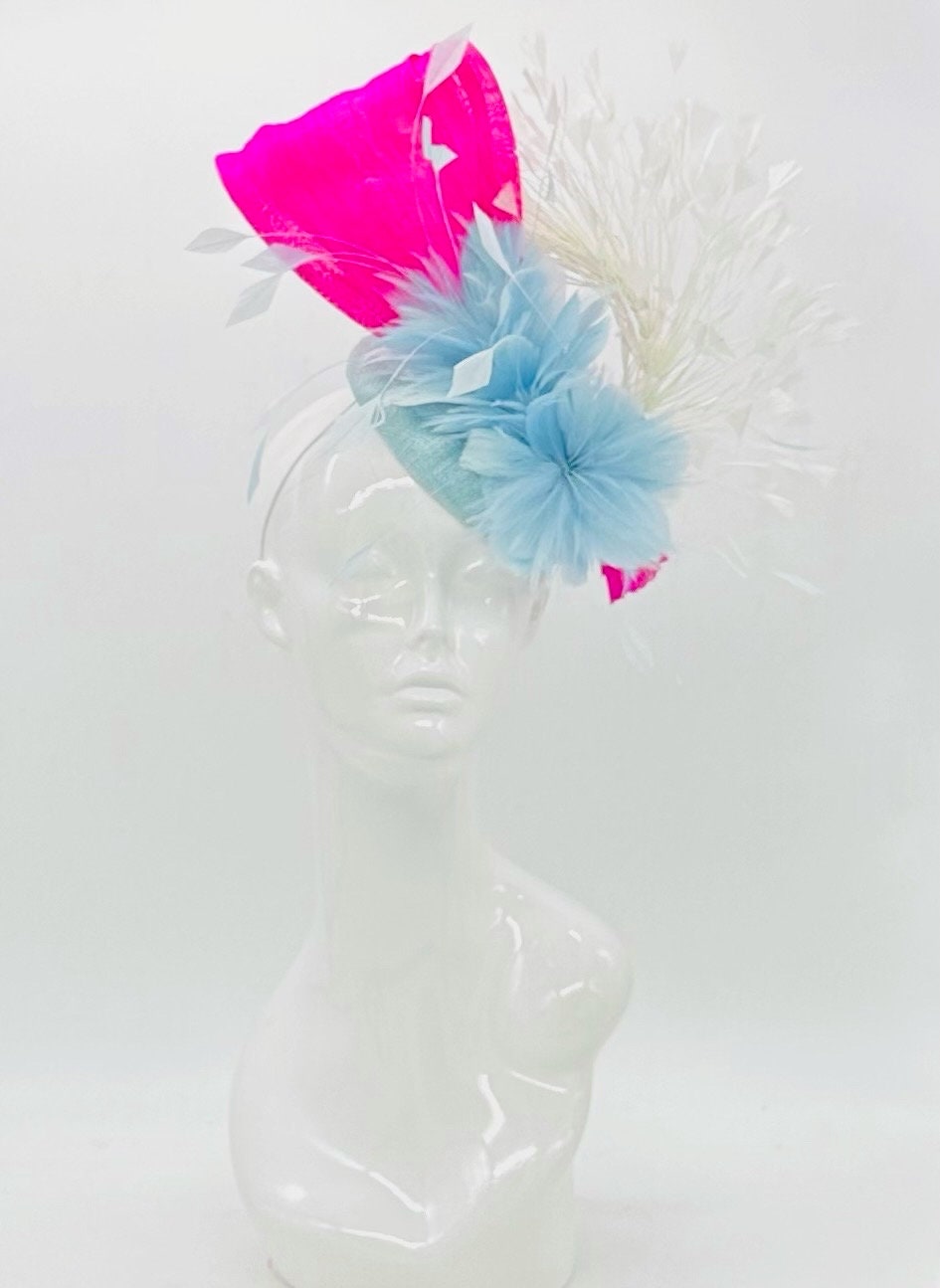 Baby blue and Hot Pink Derby Fascinator, Kentucky Derby Hat Alternative, Kentucky derby hat (GOLD LINE)