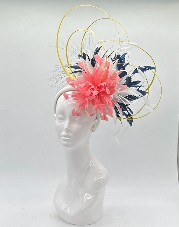 Pink, White and Navy Derby Fascinator, Kentucky Derby Hat Alternative, Kentucky derby hat (GOLD LINE)