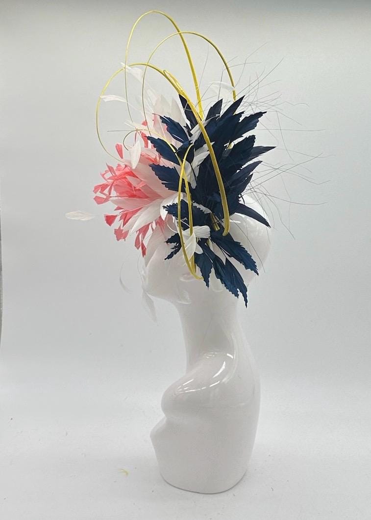 Pink, White and Navy Derby Fascinator, Kentucky Derby Hat Alternative, Kentucky derby hat (GOLD LINE)