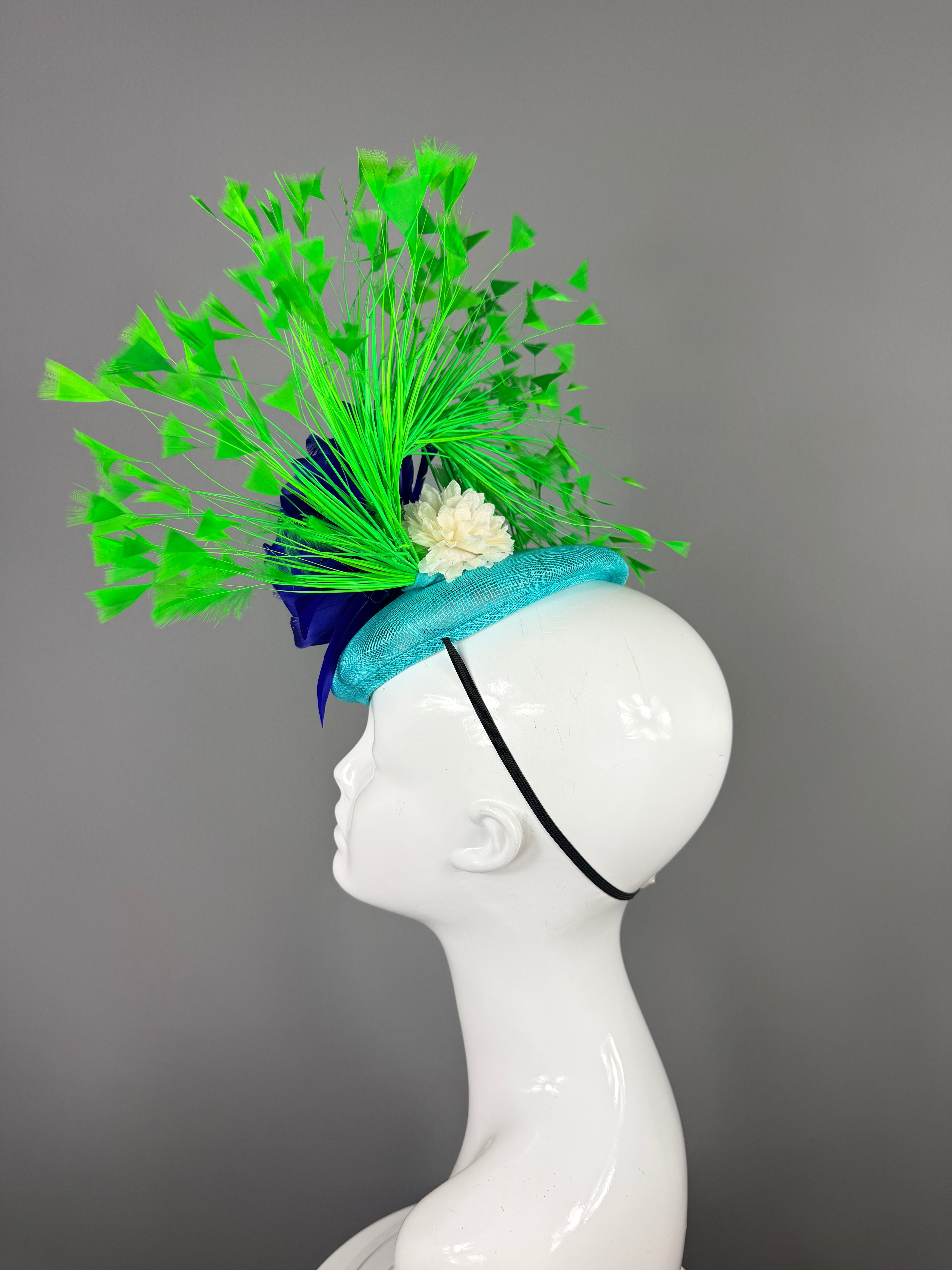 Kentucky Derby Fascinator Hat | Green, Blue and Turquoise Feather Flower Headpiece | Derbyologie