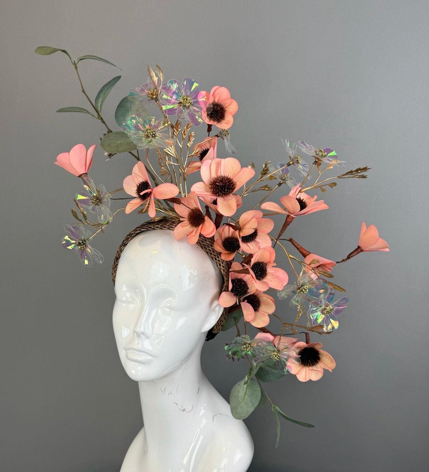 Kentucky Derby Fascinator Hat | Peachy Pink & Green Flower Headpiece | Derbyologie