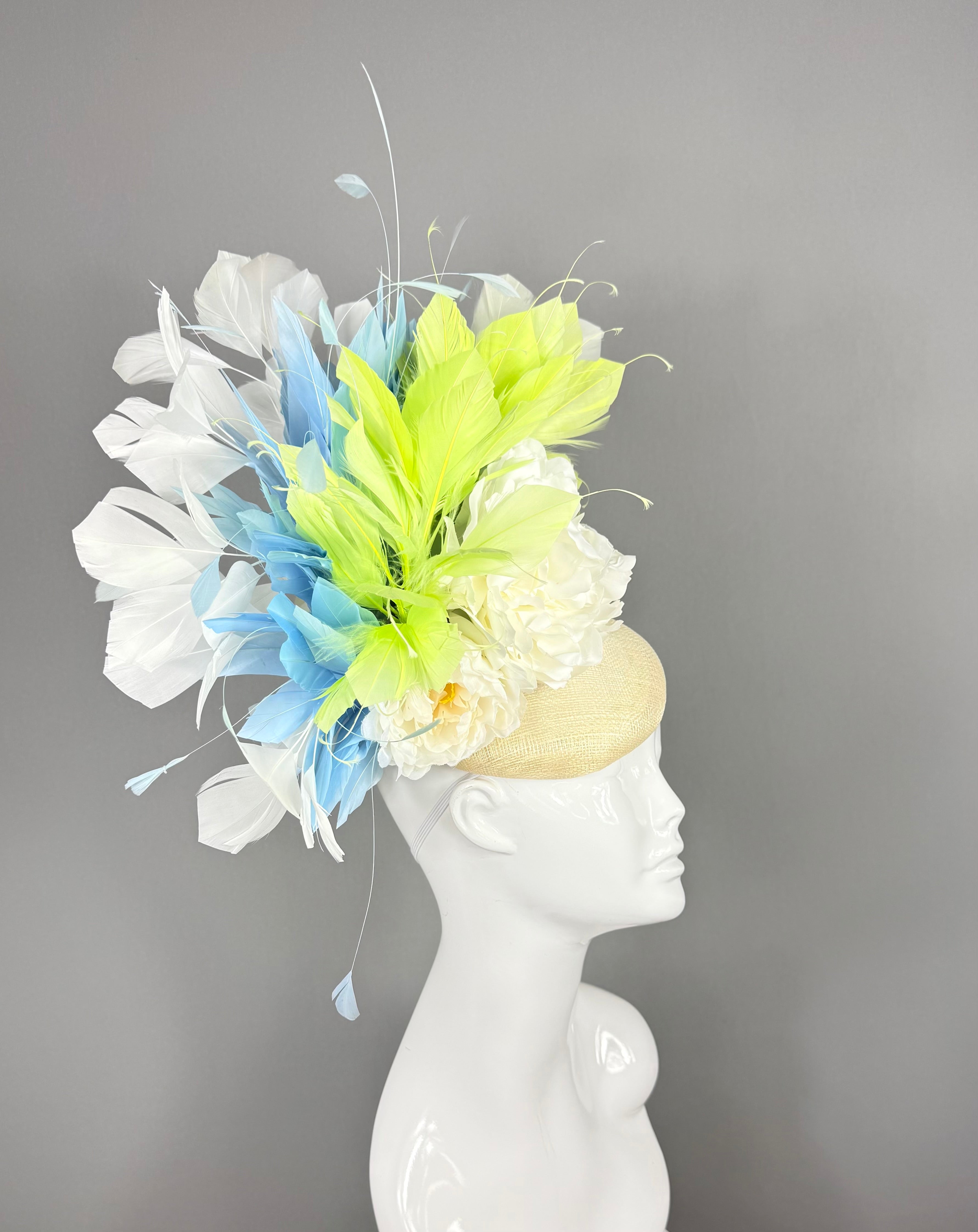 Kentucky Derby Fascinator Hat |White, Lime & Blue Feather Headpiece | Derbyologie