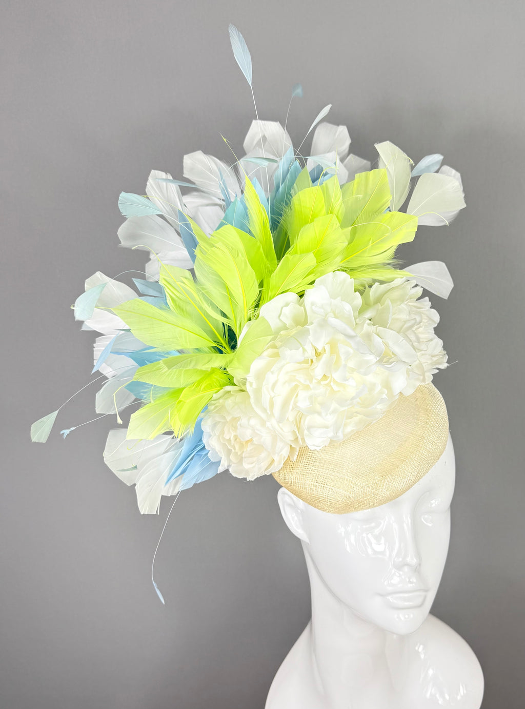Kentucky Derby Fascinator Hat |White, Lime & Blue Feather Headpiece | Derbyologie