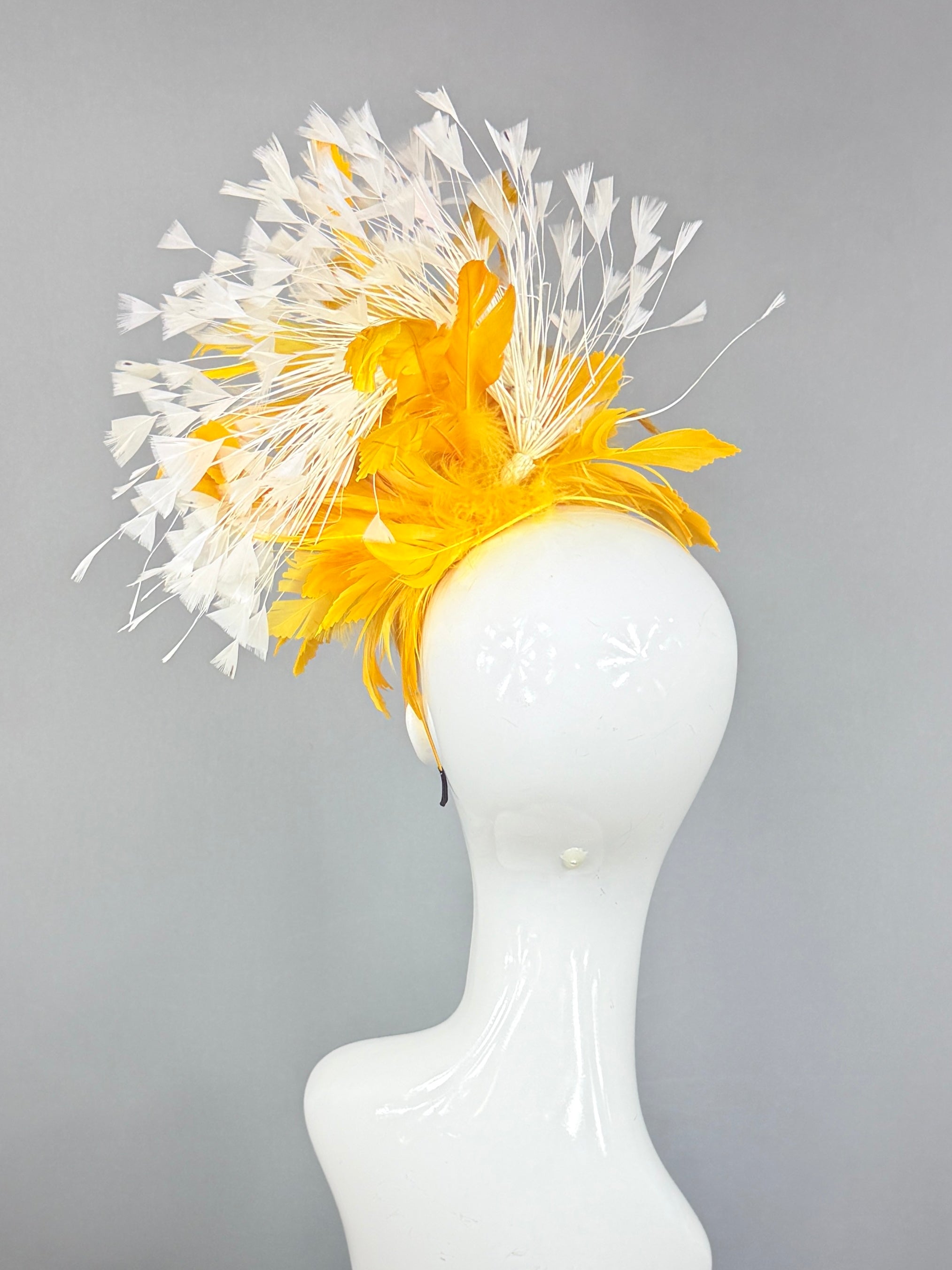 Kentucky Derby Fascinator Hat | White and yellow feathered Headband Hat | Derbyologie