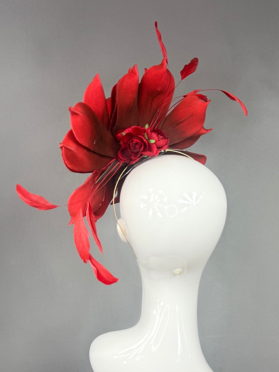 Kentucky Derby Fascinator Hat |  Red magnolias and feathers  Headpiece | Derbyologie
