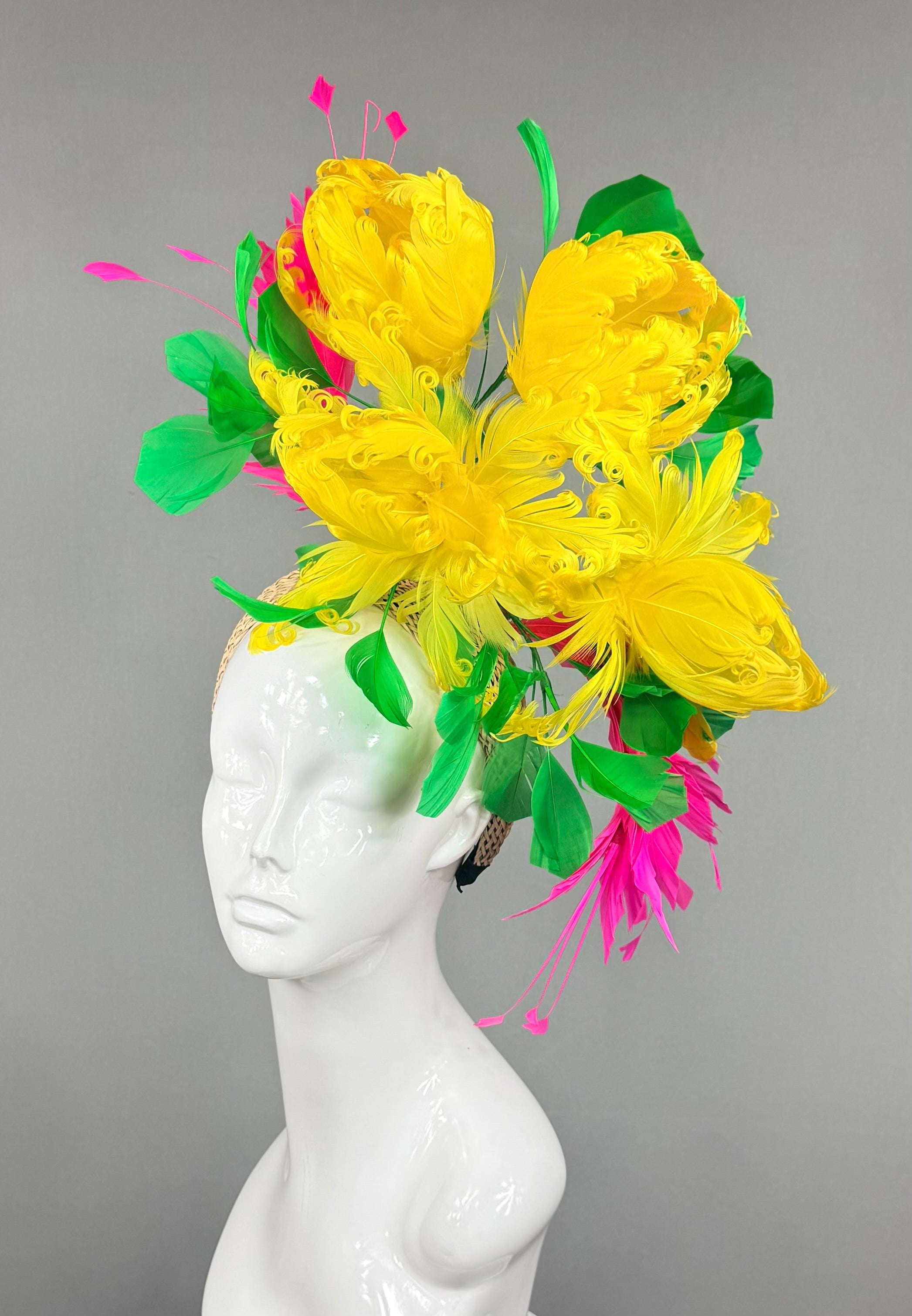 Kentucky Derby Fascinator Hat | Yellow Pink & Green Feather Fascinator Hat | Derbyologie