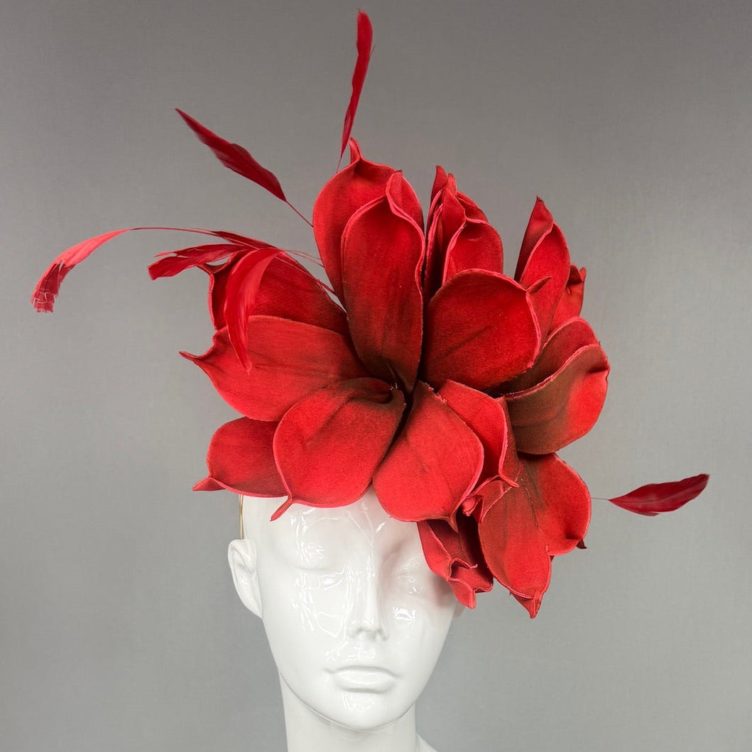 Kentucky Derby Fascinator Hat |  Red magnolias and feathers  Headpiece | Derbyologie