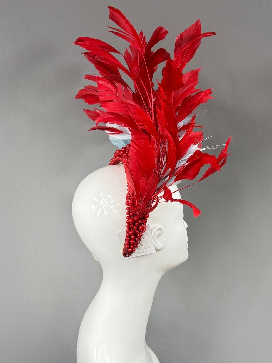 Kentucky Derby Fascinator Hat | Red and light blue feathered Headpiece | Derbyologie