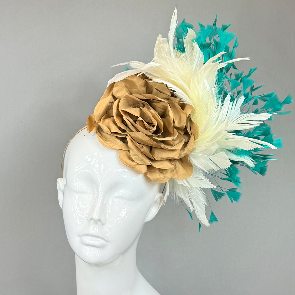 Kentucky Derby Fascinator Hat | Tan, Cream and Teal Headpiece | Derbyologie