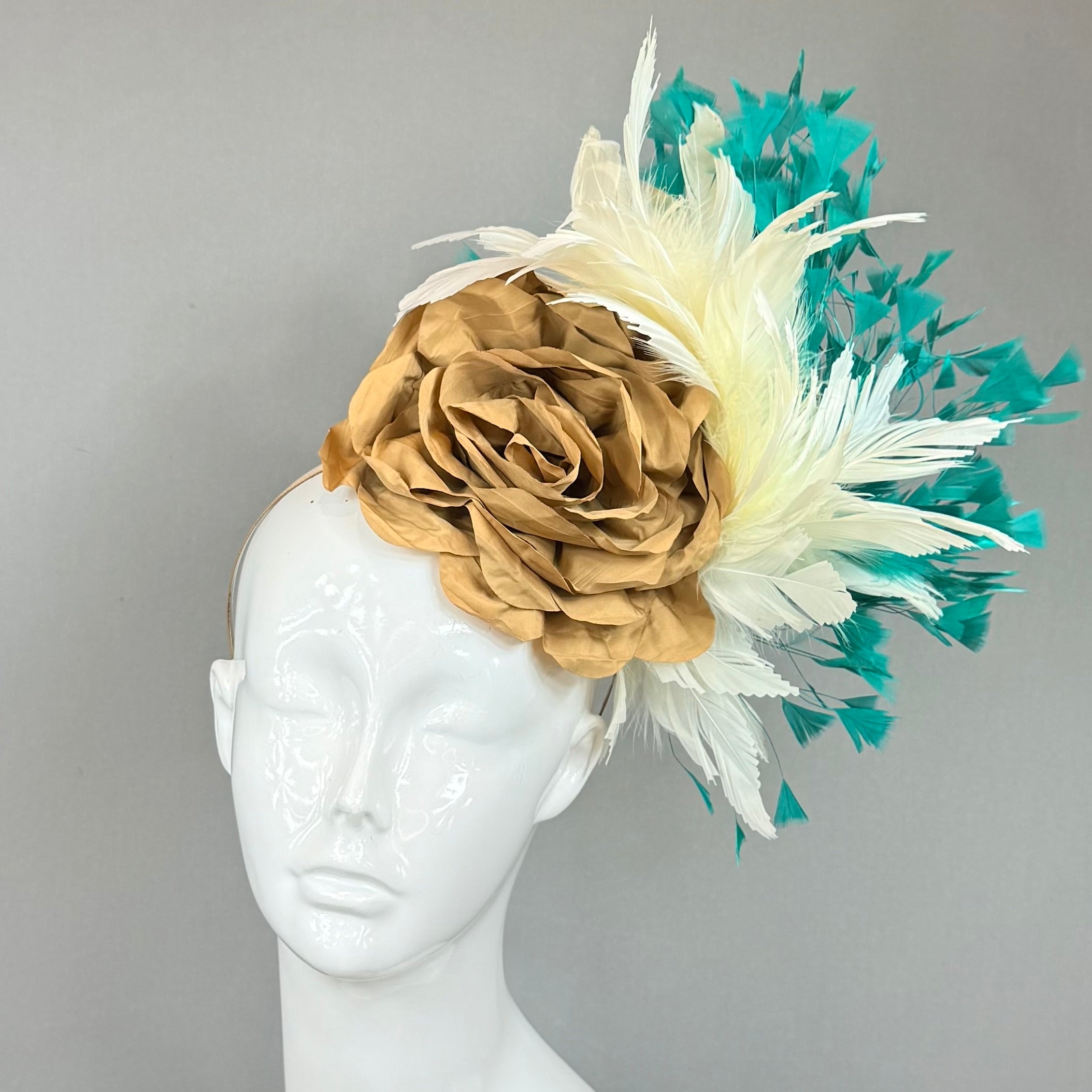 Kentucky Derby Fascinator Hat | Tan, Cream and Teal Headpiece | Derbyologie