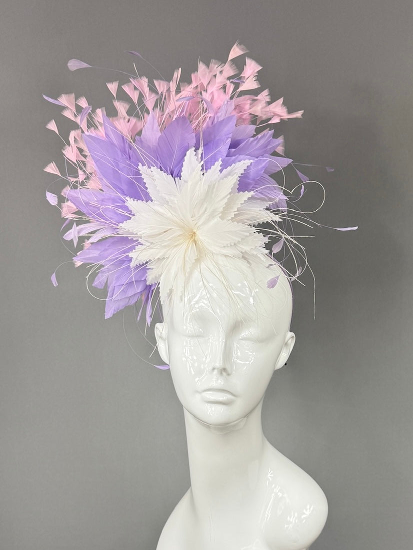 Kentucky Derby Fascinator Hat |White purple and pink feathered Headpiece | Derbyologie