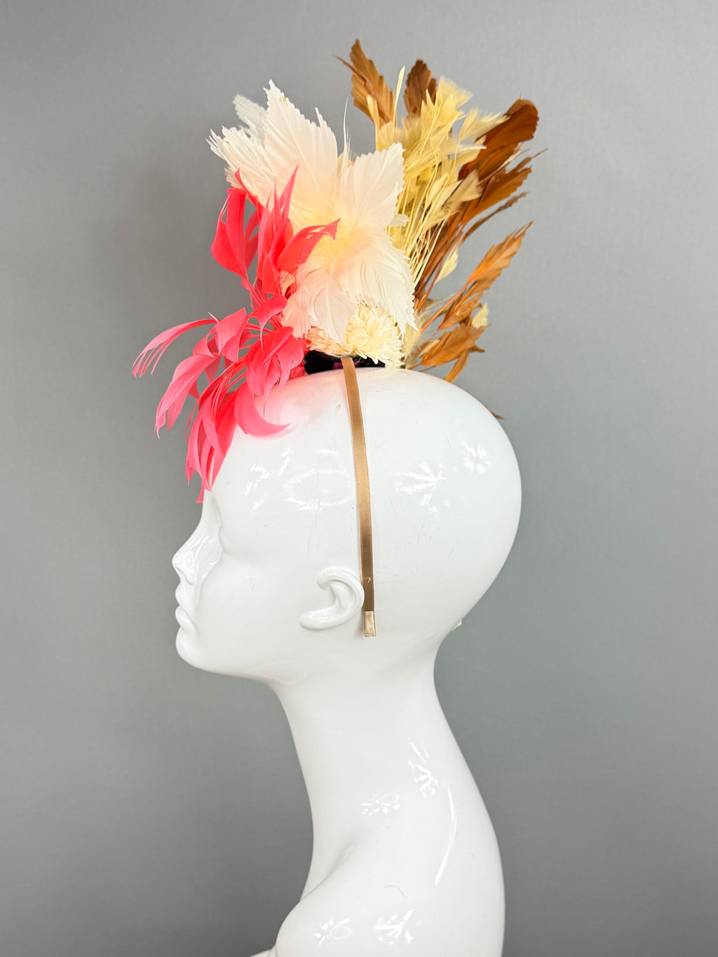 Kentucky Derby Fascinator Hat | Pink, white, beige, and brown feathered Headpiece | Derbyologie