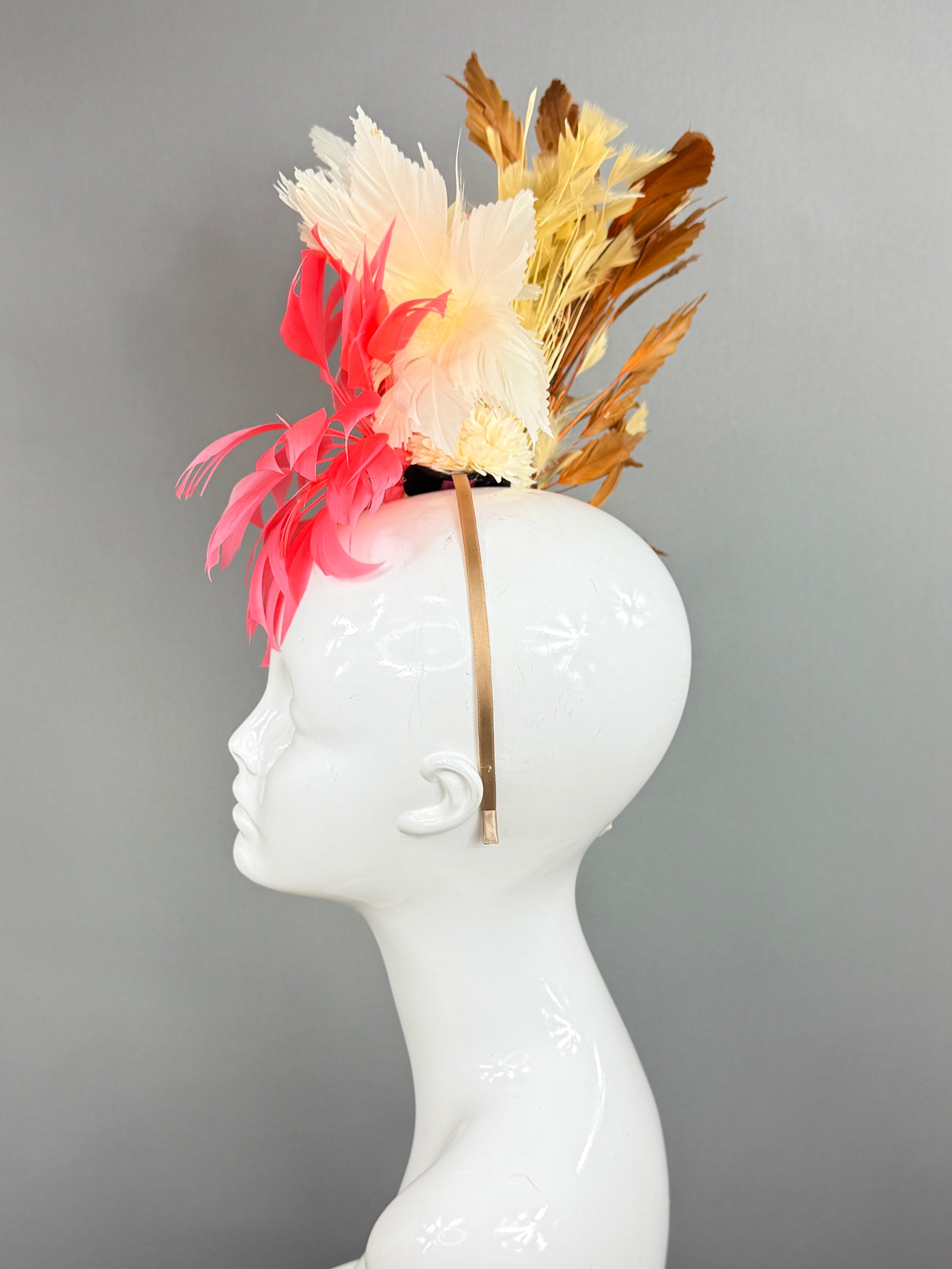 Kentucky Derby Fascinator Hat | Pink, white, beige, and brown feathered Headpiece | Derbyologie