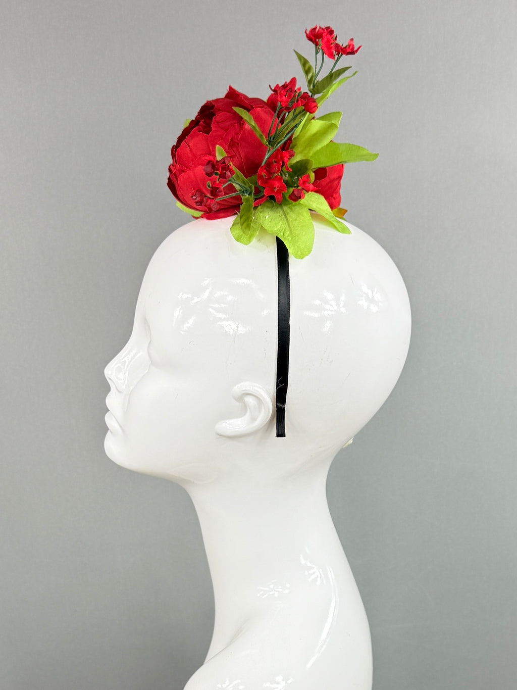 Kentucky Derby Fascinator Hat | Red peonies with green leaves  Headpiece | Derbyologie